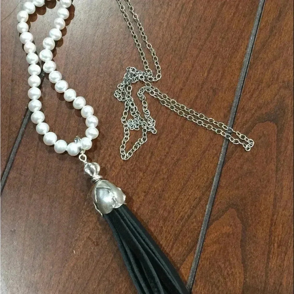 Leather And Pearls,Tassel Necklace,Long Pearl Necklace,June Birthday - Picture 2 of 6